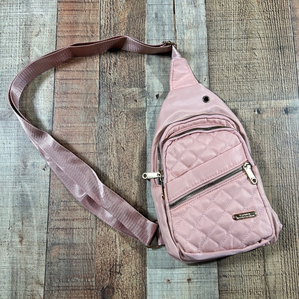 Pink Quilted Sling Bag Crossbody Backpack Travel Purse Adjustable Strap 11x6